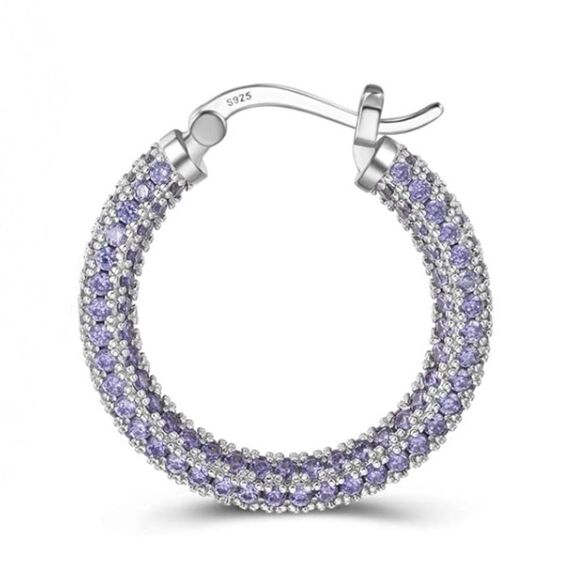 14K White Gold Sterling Silver with Purple Amethyst Cubic Zirconia Hoop Earrings - Picture 2 of 6